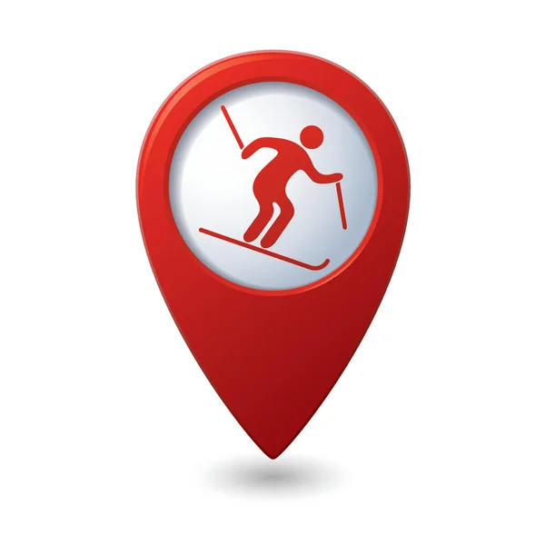 Mapa ponteiro com ícone de esqui downhill — Vetor de Stock