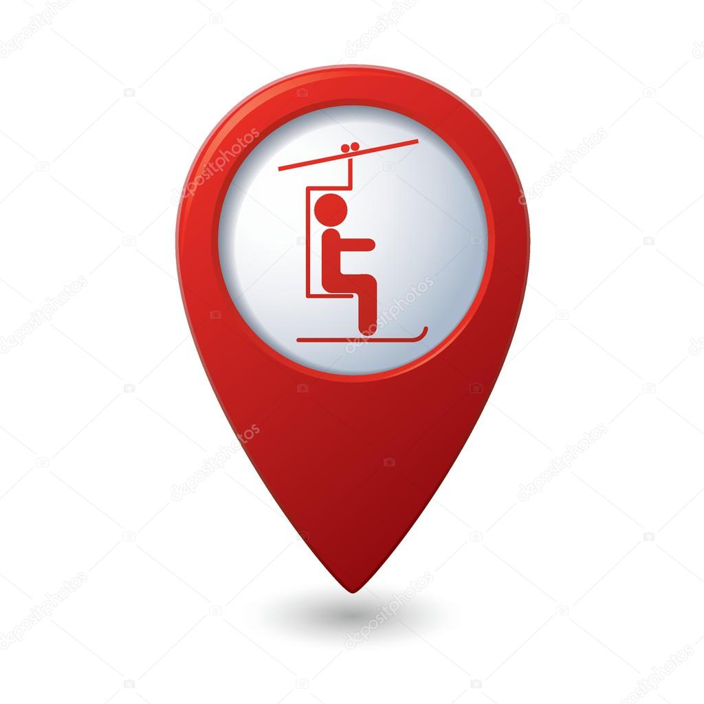 Map pointer with skier on the chair lift icon