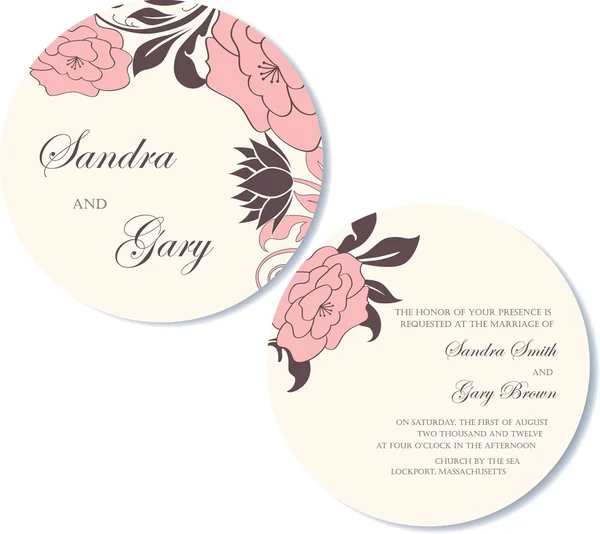 Vintage round, double-sided floral wedding invitation — Stock Vector