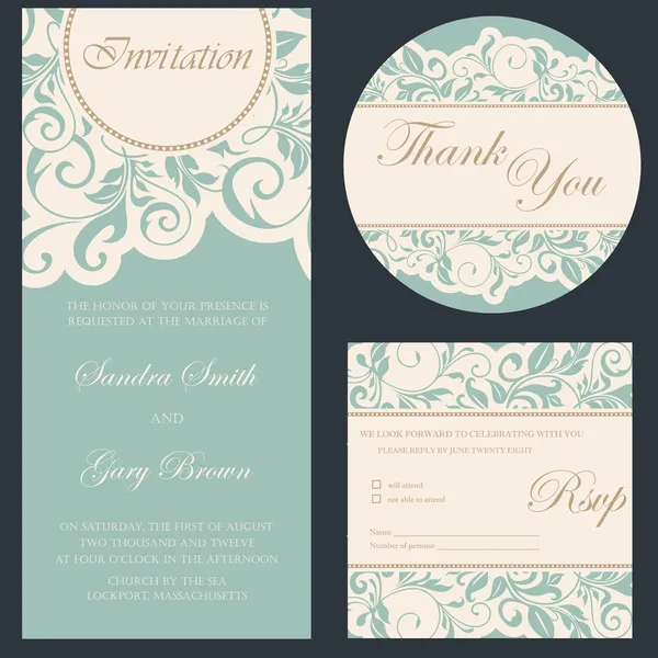 Beautiful vintage wedding invitation cards set — Stock Vector