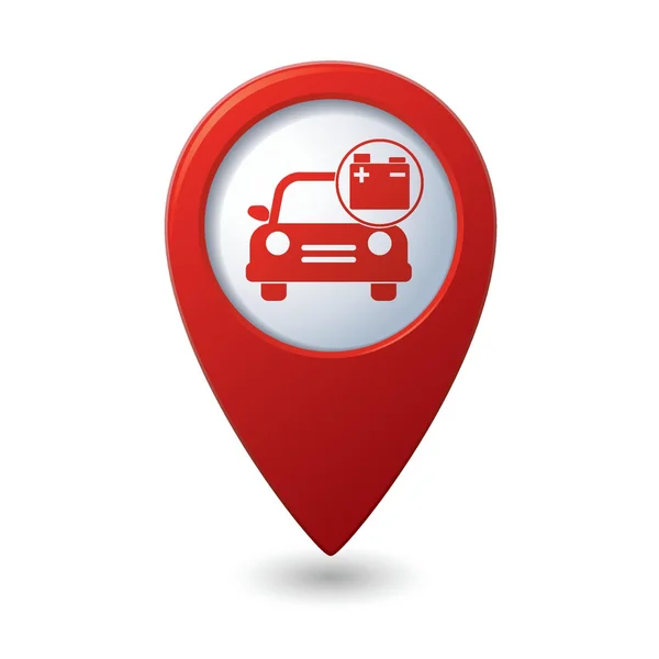 Servicio de coches. Coche con icono de acumulador en el puntero del mapa rojo — Archivo Imágenes Vectoriales