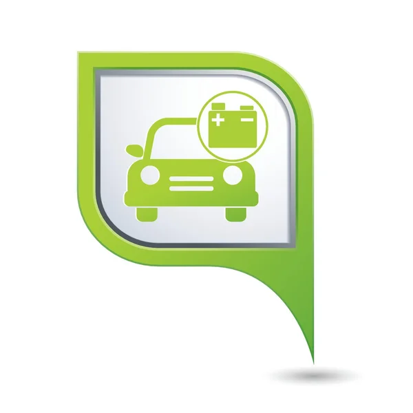Автосервис. Автомобиль с иконкой аккумулятора на зеленой карте — стоковый вектор