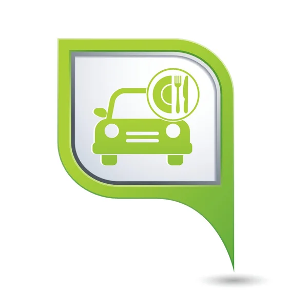 Carro com ícone de refeição no ponteiro do mapa verde — Vetor de Stock