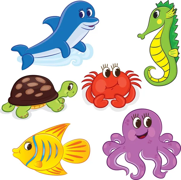 Set of outlined cartoon sea animals — Stock Vector