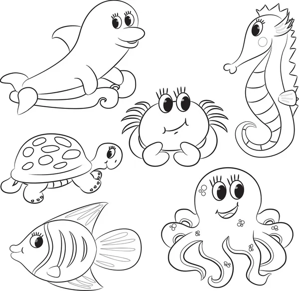 Set of outlined cartoon sea animals — Stock Vector