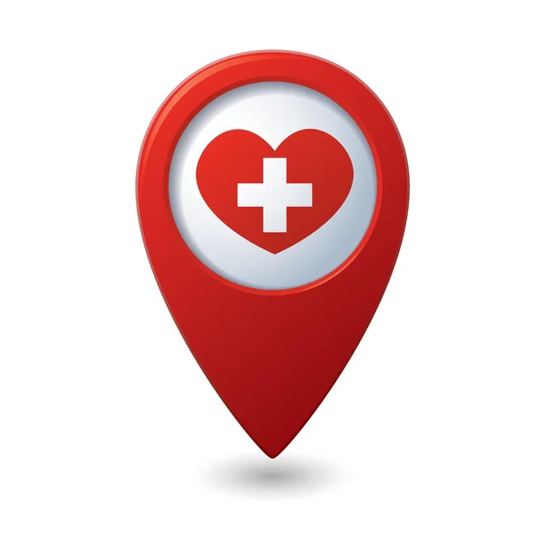 Icône cardiaque médicale avec croix sur le pointeur de carte rouge — Image vectorielle