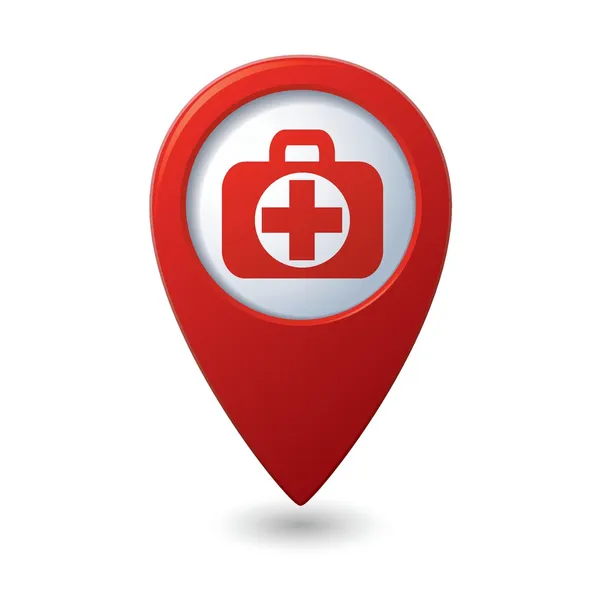 Icono de bolsa médica con cruz en el puntero del mapa rojo — Vector de stock