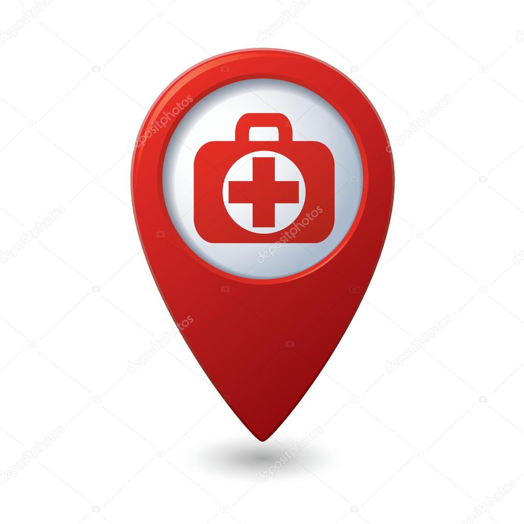 Medical bag icon with cross on red map pointer