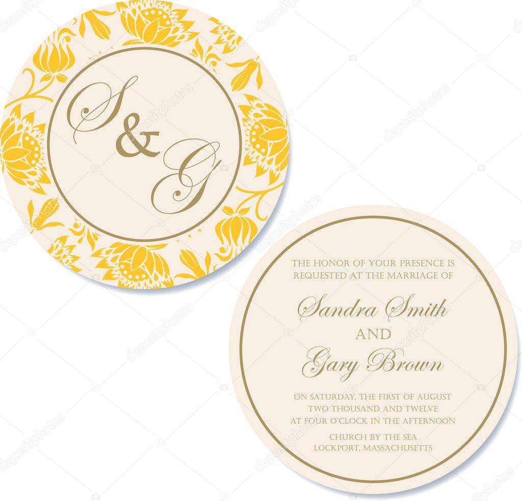 Round, double-sided vintage wedding invitation