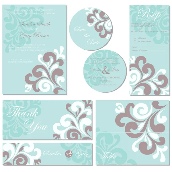 Set of wedding invitation cards (invitation, thank you card, RSVP card, save the date, reception) — Stock Vector