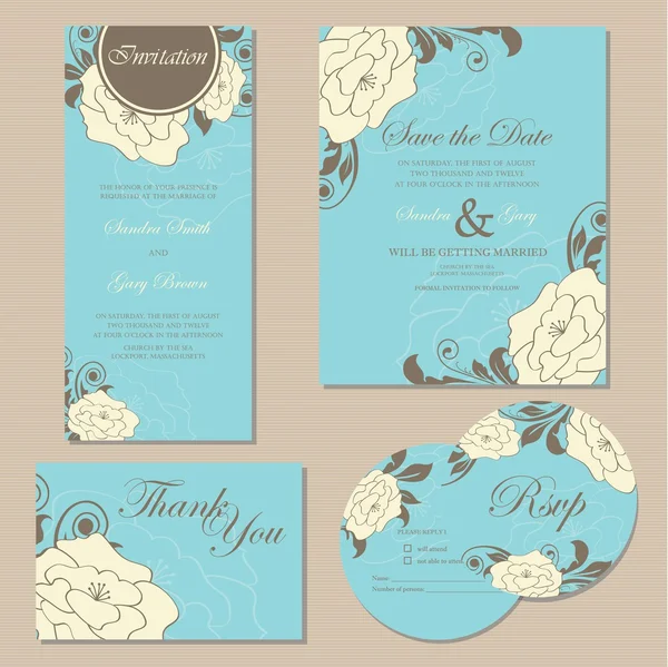 Ensemble de cartes d'invitation de mariage floral vintage — Image vectorielle