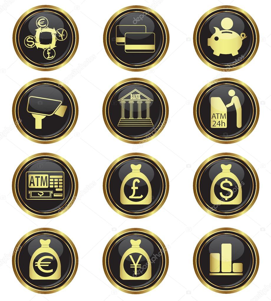 Finance and money icons on black with gold buttons