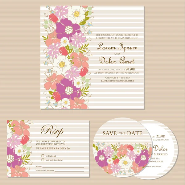 Set bruiloft uitnodigingskaarten met bloemen — Stockvector