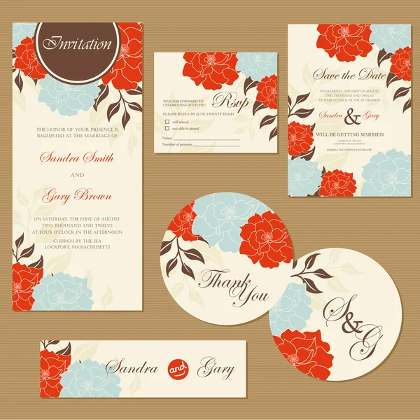 Set of vintage floral wedding invitation cards. — Stock Vector