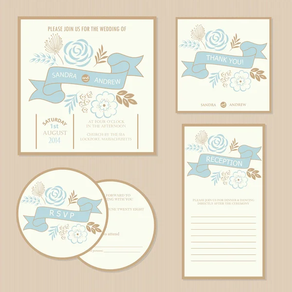 Set of vintage floral wedding invitation cards. — Stock Vector