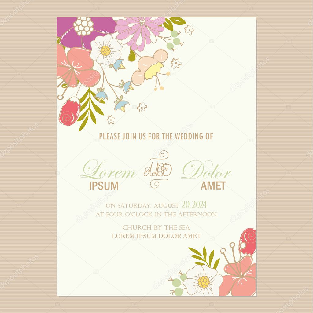 Wedding invitation  card with  flowers.
