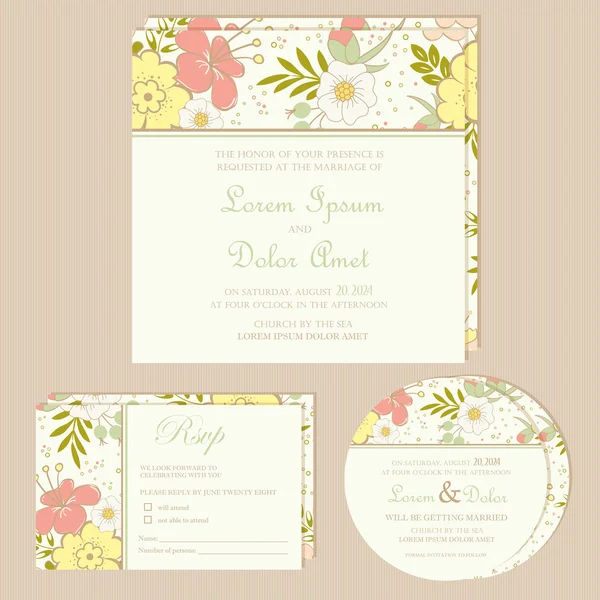 Set of wedding invitation cards with flowers — Stock Vector