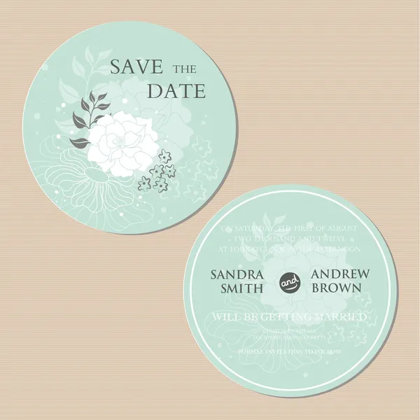 Round, double-sided floral wedding invitation card. — Stock Vector