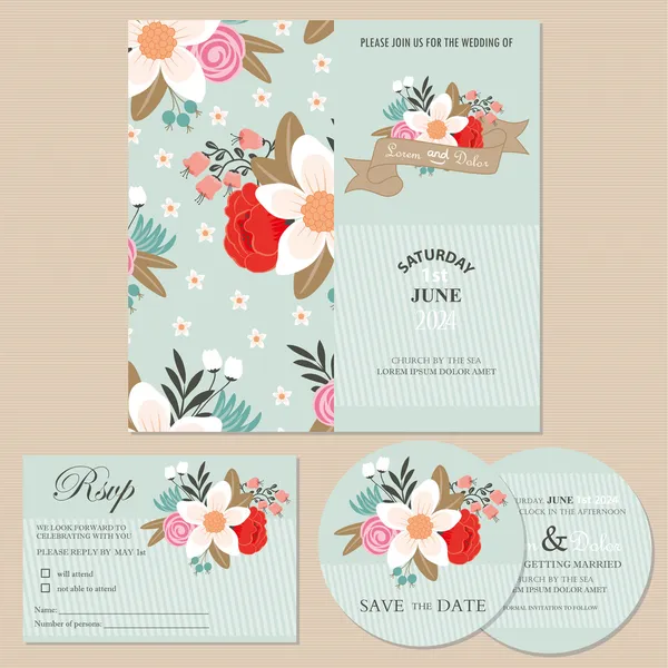 Set bruiloft uitnodigingskaarten met bloemen — Stockvector