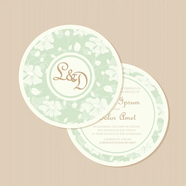 Round, double-sided vintage wedding invitation. — Stock Vector