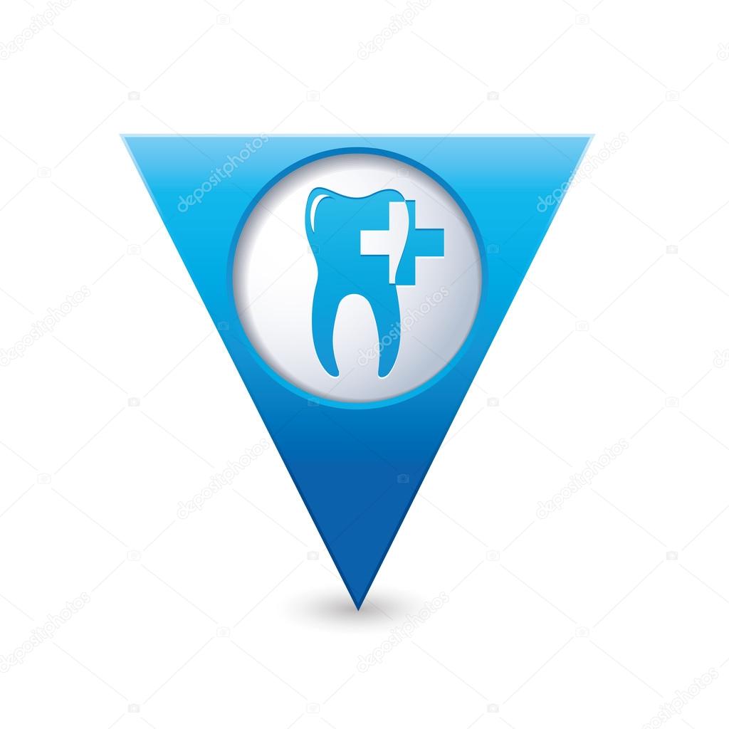 Map pointer with dental clinic icon.