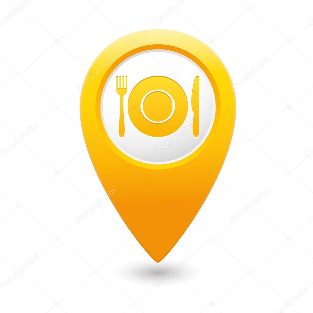 Map pointer with restaurant icon.