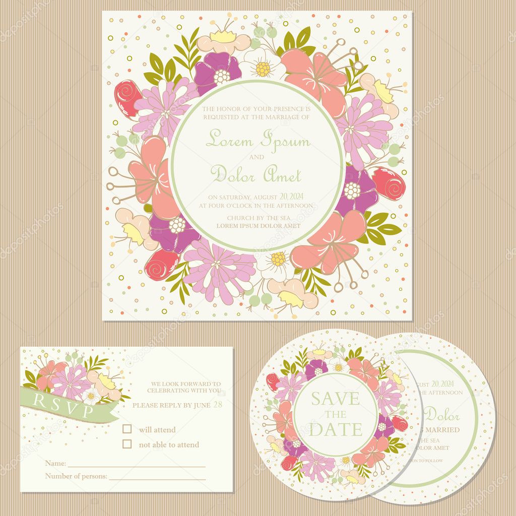 Set of wedding invitation cards  with flowers
