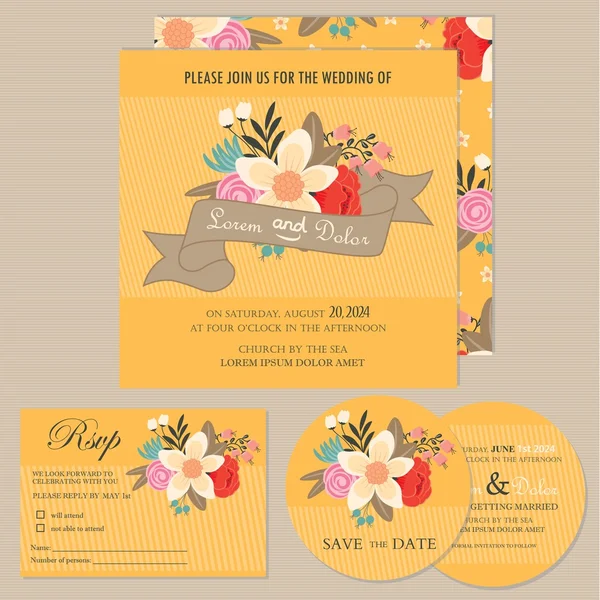 Set von Hochzeitseinladungskarten oder Ankündigungen mit schönem floralen Hintergrund — Stockvektor