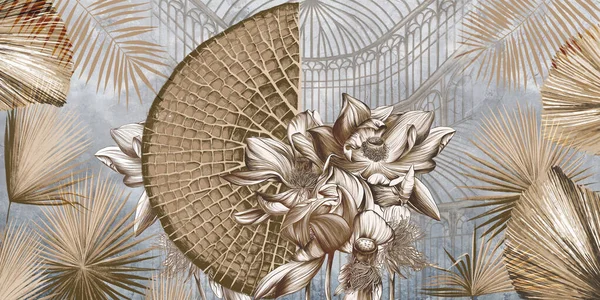 温室のグラフィックイラスト エキゾチックなジャングルの葉と睡蓮の花の壁紙 アブストラクト 写真壁紙 カードの植物デザイン ロイヤリティフリーのストック写真