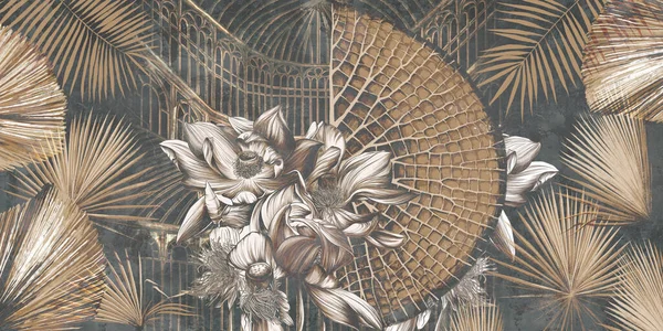 Grafische Darstellung Eines Gewächshauses Florale Tapeten Mit Exotischen Dschungelblättern Und Stockfoto