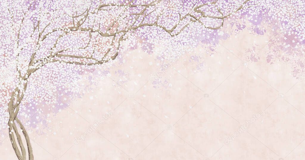 Tree and branches on the old vintage background. Sakura flowers. Floral background in loft, modern style. Design for wall mural, card, postcard, wallpaper, photo wallpaper.