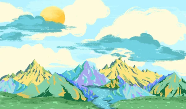 Bébé Fond Coloré Lumineux Avec Ciel Nuages Montagnes Rivière Illustration — Photo