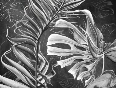 Beton grunge duvarında soyut tropikal yapraklar çizilmiş. Çiçek arkaplan. Duvar kağıdı, duvar kağıdı, duvar resmi, kart, kartpostal tasarımı.