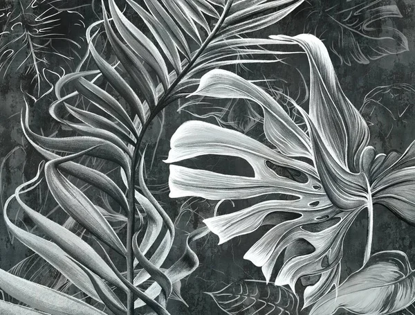 Astratto Disegnato Foglie Tropicali Esotiche Muro Grunge Cemento Sfondo Floreale — Foto Stock