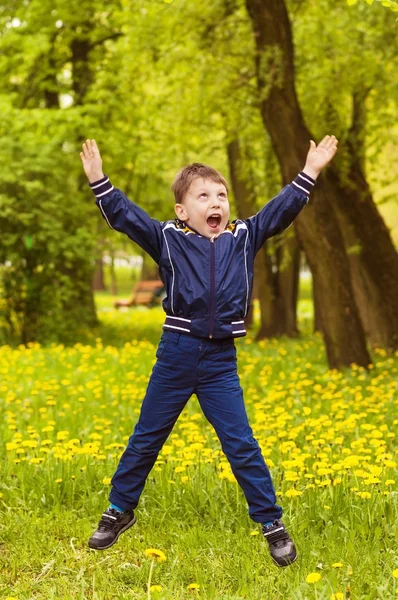Χαμογελαστά ευτυχισμένο αγόρι is πηδάω επάνω σε πράσινο φόντο — Φωτογραφία Αρχείου