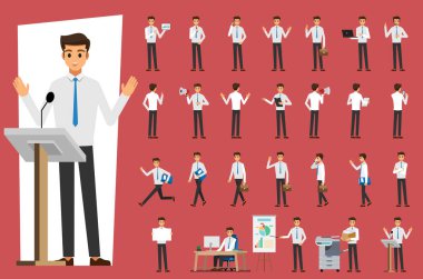 Beyaz gömlekli karikatür işadamı karakter seti, Vektör çizimi 