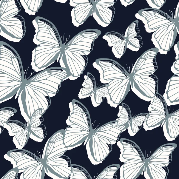 Seamless pattern with outline and silhouette butterflies — Stock Vector