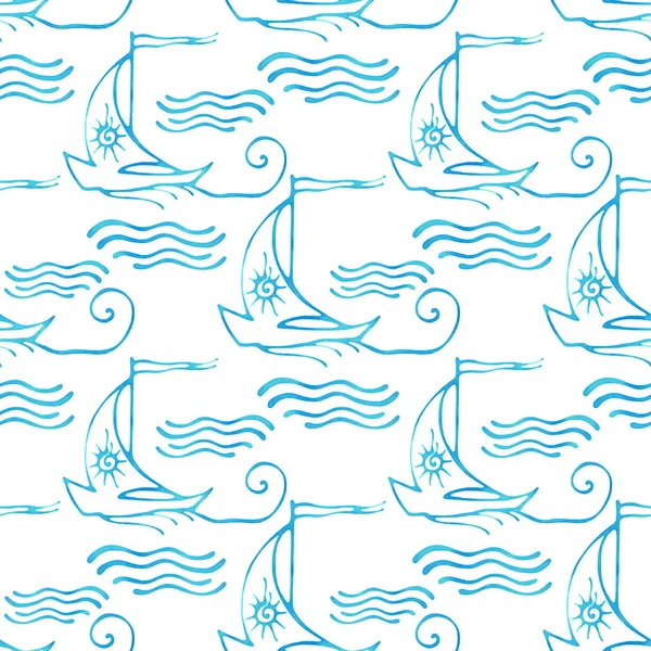 Seamless pattern with decorative sailing ships on waves — Stock Vector