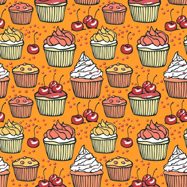 Nahtloses Muster mit Muffins und Kirschen — Stockvektor