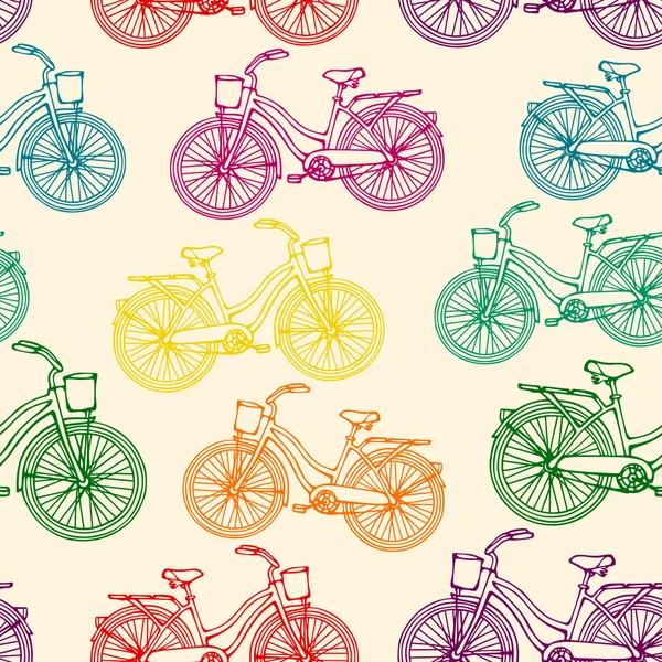 Nahtloses Muster mit Umriss bunte Regenbogen-Vintage-Fahrräder — Stockvektor