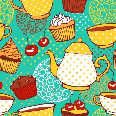 Tea and muffins sweet seamless pattern clipart