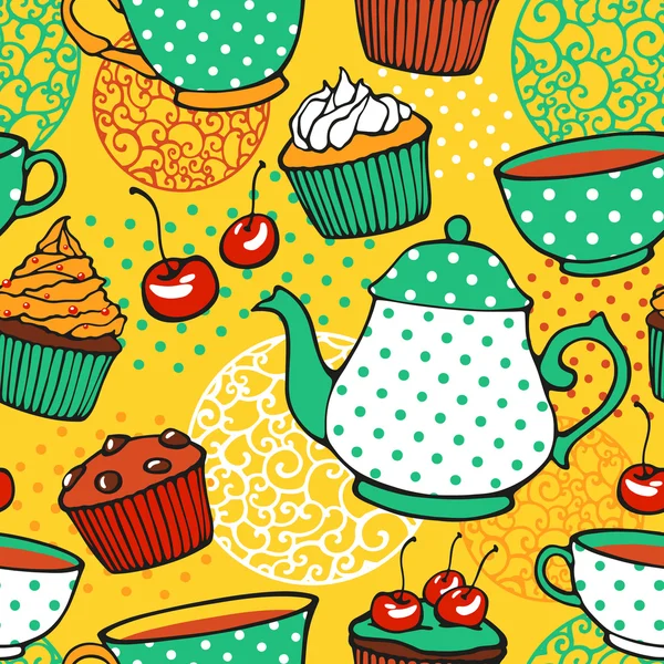 Thé et muffins doux motif sans couture — Image vectorielle