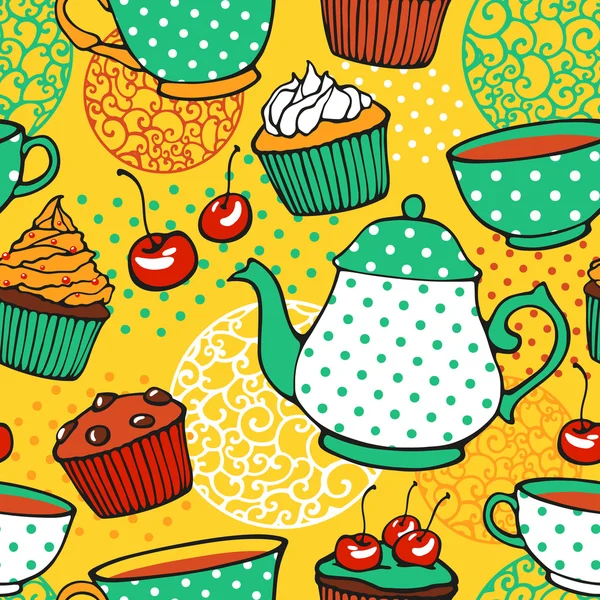 Tea and muffins sweet seamless pattern — Stock Vector