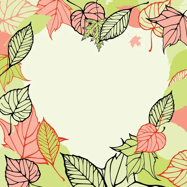 Heart-shaped frame made of autumn leaves. Romantic card — Stock Vector