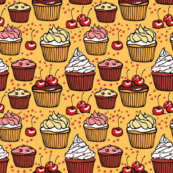 Seamless pattern with muffins and cherries — Stock Vector