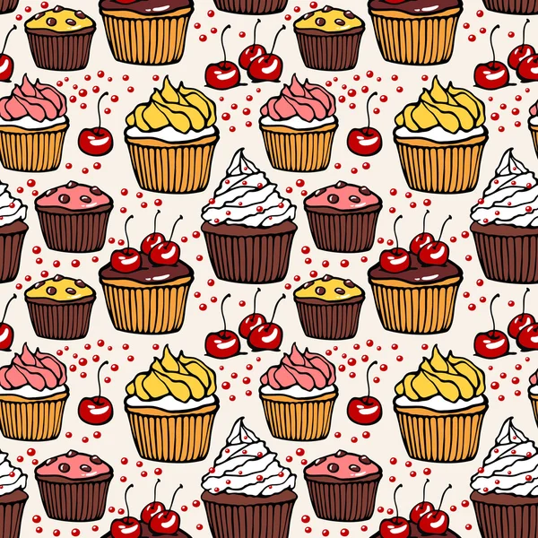 Seamless pattern with muffins and cherries — Stock Vector