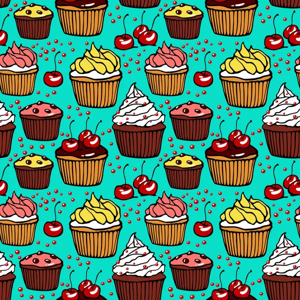 Seamless pattern with muffins and cherries — Stock Vector