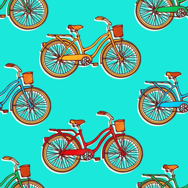 Nahtloses Muster mit farbenfrohen, handgezeichneten Vintage-Fahrrädern — Stockvektor