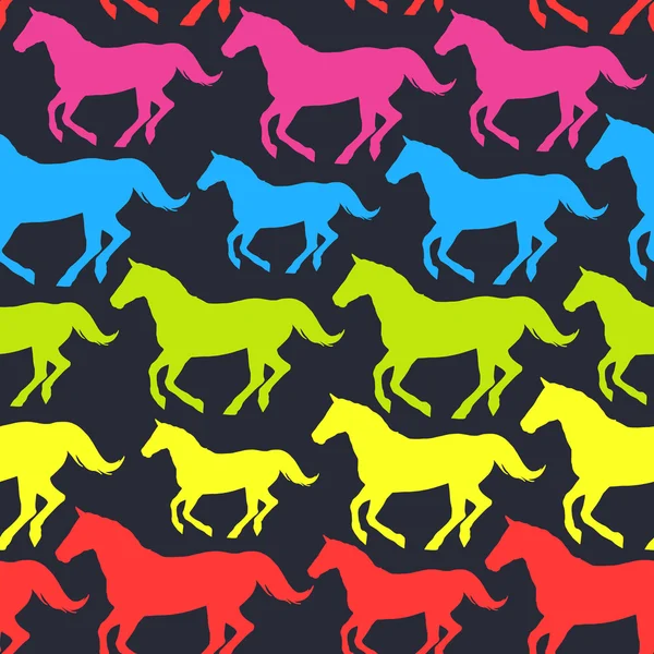 Seamless pattern with hand drawn silhouette rainbow horses. — Stock Vector