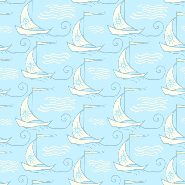 Motif sans couture avec voiliers rétro décoratifs sur les vagues — Image vectorielle